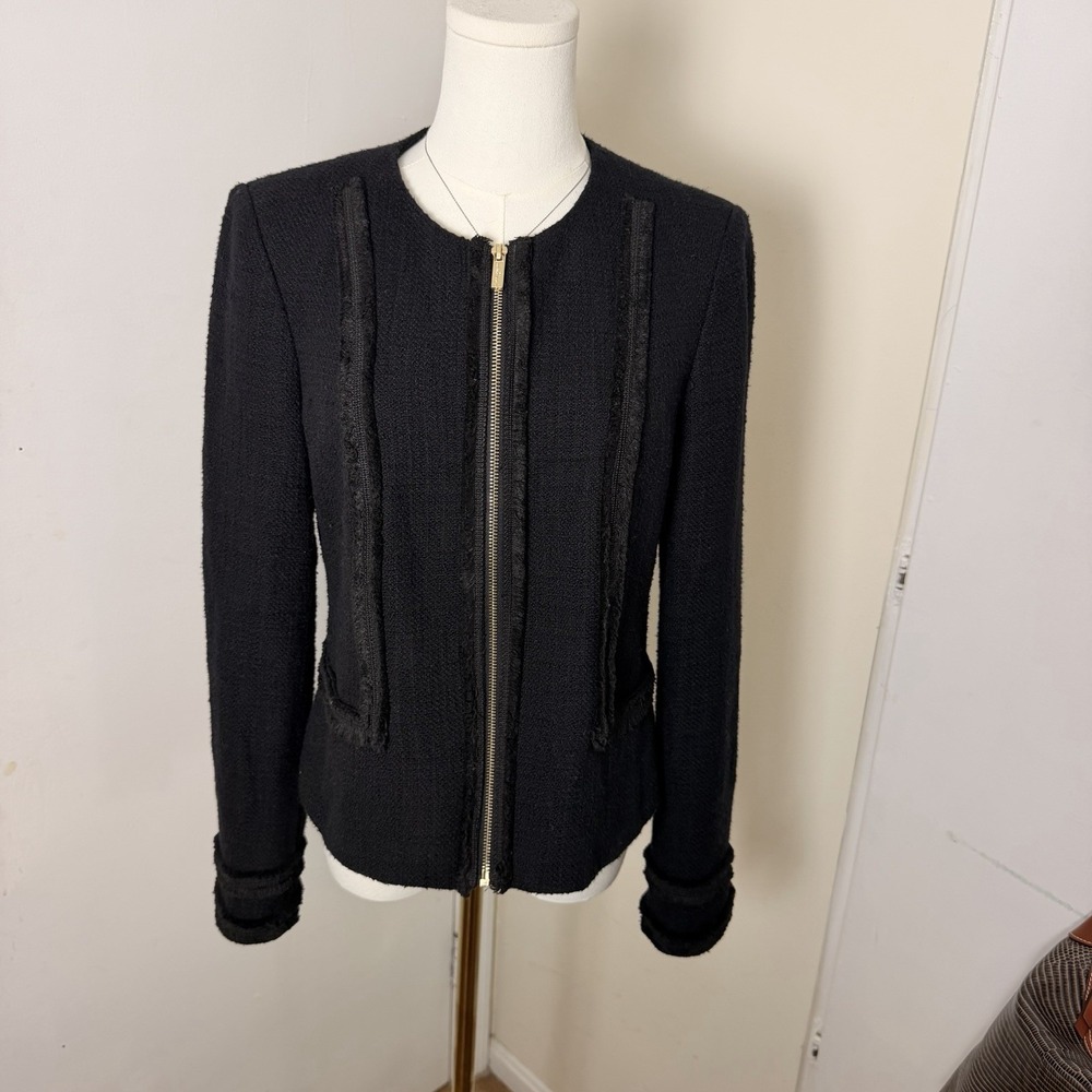 KARL LAGERFELD Paris Women's Fringed Tweed BLACK Blazer Style L6WCW171 Sz S